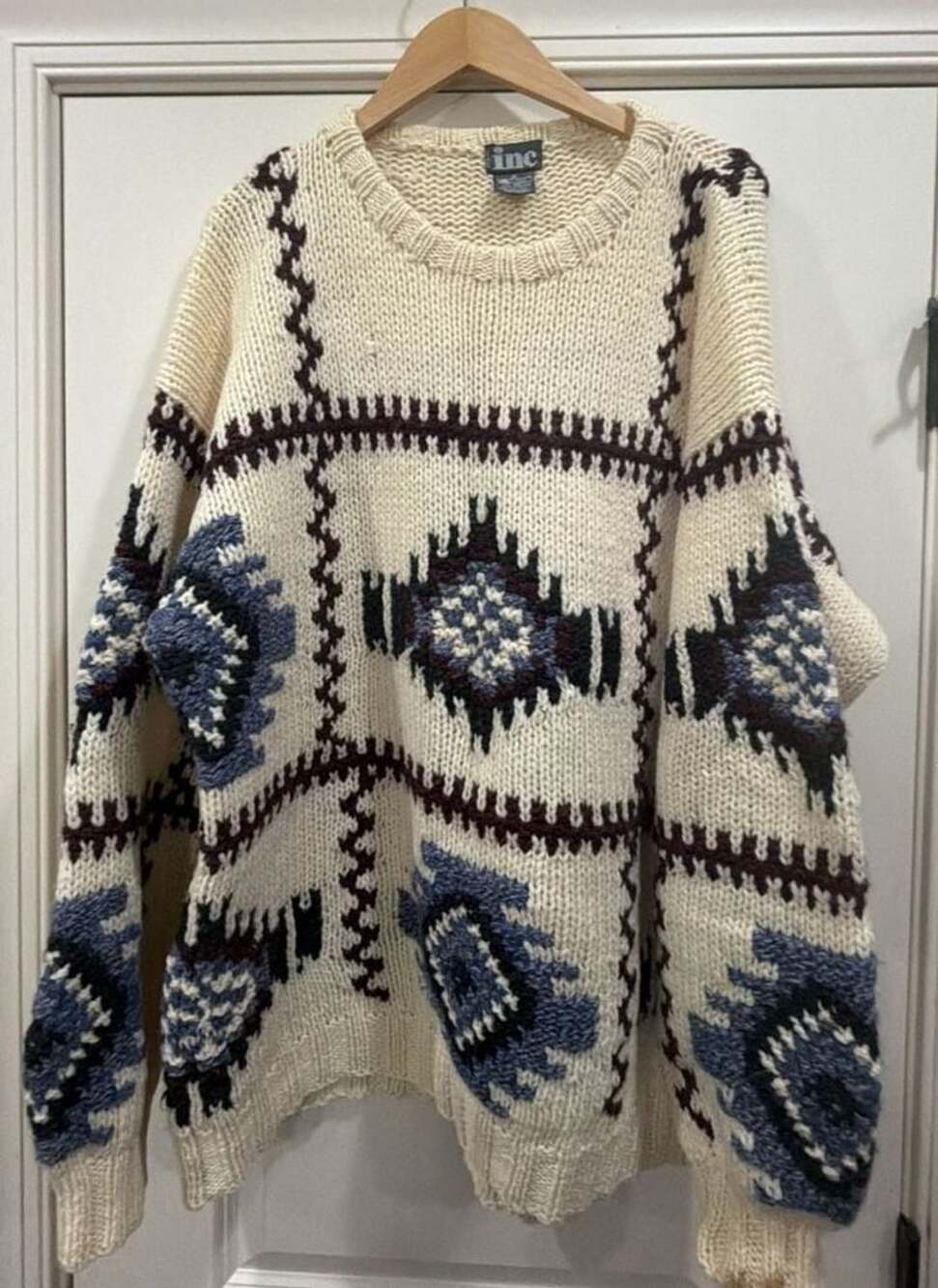Vtg INC International Concepts Wool Sweater XL Aztec Geometric Chunky Knit